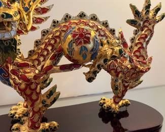 Gorgeous vintage Chinese Cloisonné dragon figurine on wood stand