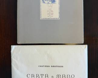 ‘The Blue Guitar.  London & New York:  Petersburgh Press, 1977’ with etchings by David Hockney with a set of 19 sample portfolio postcards featured in the book.  This will be sold as a collection