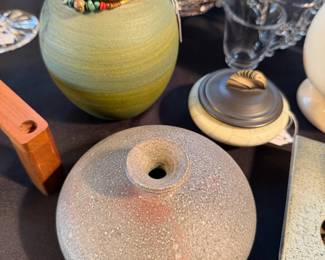 Jeremy Diller green spirit pottery jar, Stephen Roy raku weed pot and Mid Century Andrew McCorkingdale covered pottery piece
