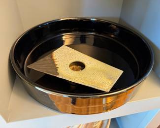 Large vintage Ikebana Suiban - round ceramic Moribana vase and art pottery flower frog (sold separately)