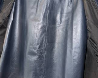 Very cool ca. 1970’s custom made navy blue leather three-piece set.  Approximate size is 4-6.  Comes with jacket, bell bottom pants & skirt