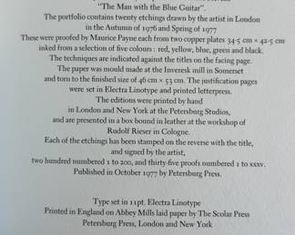 ‘The Blue Guitar.  London & New York:  Petersburgh Press, 1977’ with etchings by David Hockney with a set of 19 sample portfolio postcards featured in the book.  This will be sold as a collection