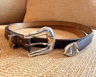 Vintage men’s leather custom leather belt with sterling and 12k gold buckle and detail