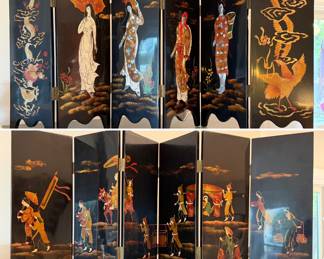 Vintage table top Asian lacquered 6-panel screen with mother of pearl detail