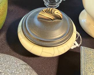 Jeremy Diller green spirit pottery jar, Stephen Roy raku weed pot and Mid Century Andrew McCorkingdale covered pottery piece