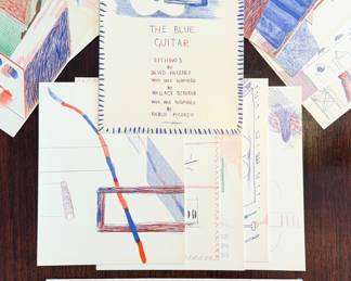 ‘The Blue Guitar.  London & New York:  Petersburgh Press, 1977’ with etchings by David Hockney with a set of 19 sample portfolio postcards featured in the book.  This will be sold as a collection