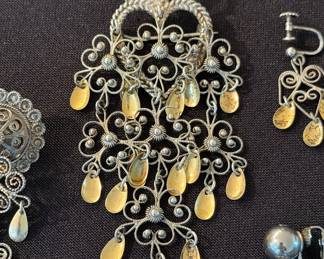 Vintage Norwegian Sølje sterling brooch, one additional brooch (not marked) and two pair of earrings (also not marked)