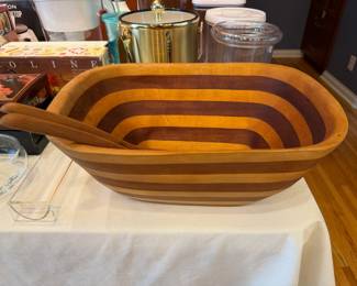 Large vintage hand turned salad bowl with unique wood salad serving forks