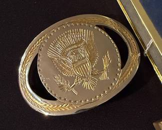 Vintage White House belt buckles, deck of cards, Jimmy Carter lapel pin, Jimmy Carter pen in box and Walter Mondale pen in box
