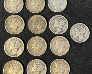 Collection of Mercury Dimes (90% Silver) – 1939–1945, 1.031 Troy Ounces Total Weight
A beautiful group of Winged Liberty Head “Mercury” Dimes minted between 1939 & 1945. Each dime is struck in 90% silver, designed by sculptor Adolph A. Weinman, & showcases Liberty wearing a winged cap symbolizing freedom of thought.

• Dates include:
(2) 1945
(2) 1944
(5) 1943
(2) 1942
(1) 1941
(1) 1939
• Combined weight: approximately 1.031 Troy ounces
• Please see pictures for condition & detail