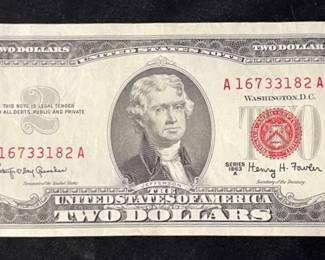 1963A $2 Red Seal United States Note
Series 1963A $2 Red Seal featuring Thomas Jefferson on the front & Monticello on the reverse. Serial number A16733182A is clearly visible. Red Treasury seal & serials confirm this as a United States Note, issued before the switch to Federal Reserve Notes.

• Series: 1963A
• Serial Number: A16733182A
• Red Treasury Seal
• Please see pictures for condition & wear