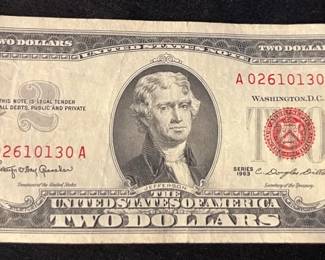 1963 Red Seal $2 Bill – United States Note
Classic 1963 $2 Red Seal United States Legal Tender Note featuring Thomas Jefferson on the front and an image of Monticello, his Virginia home, on the reverse. Distinctive red seal and serial numbers mark this pre-Federal Reserve era note as part of the final generation of “Legal Tender” currency issued before the modern green-seal notes replaced them.

• Series: 1963
• Red Treasury seal & serial numbers
• Please see pictures for condition & any wear
