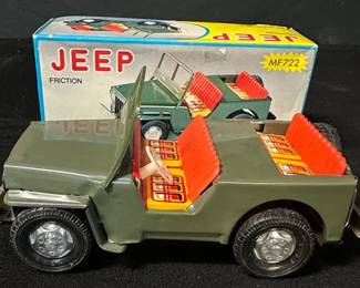 Vintage 1970s MF722 Friction Tin Willys Jeep With Box
Retro charm meets military style in this MF722 friction tin Jeep, a 1970s throwback inspired by the original Willys Jeeps of the 1940s.
• Model MF722, marked “Made in China”
• Olive green body with red-and-yellow plaid seats
• Friction motor engages wheels when pushed forward
• Original color box with minor creasing, fading & small tape repair (see photos)
• Jeep itself in very good vintage condition

