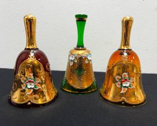 Murano Hand-Painted Glass Bells – Set of 3 (Red, Green & Amber Gold)