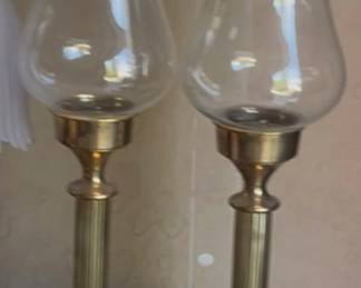 $30. Brass Hurricane Candle Holders Set