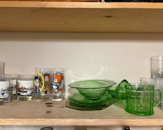 Fred and Wilma glasses, glassware, Uranium glass