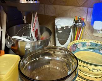 Kitchen Aid mixer, baking dishes