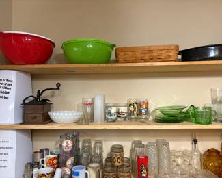 Tupperware bowls, coffee grinder, character glasses, Uranium glass, OSU glasses, Longaberger basket