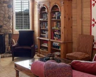 Pine bookcase, carved, solid. $1300.