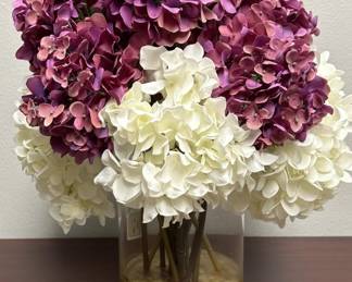 Clear Glass Vase w/ Stones & Faux Mums