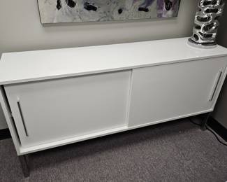 White Laminate w/ Chrome Accent Credenza Cabinet