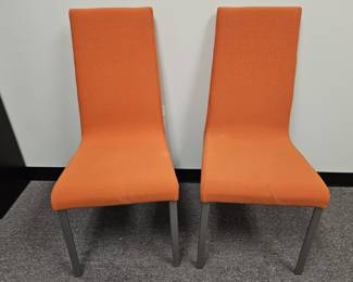 Pair Upholstered Orange Side Chairs on Metal Legs