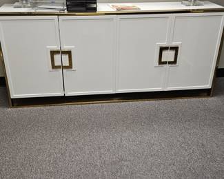 White Laminate w/ Gold Accent Credenza Cabinet