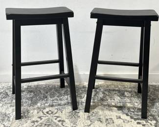 Pair Black Wooden Saddle-Seat Barstools