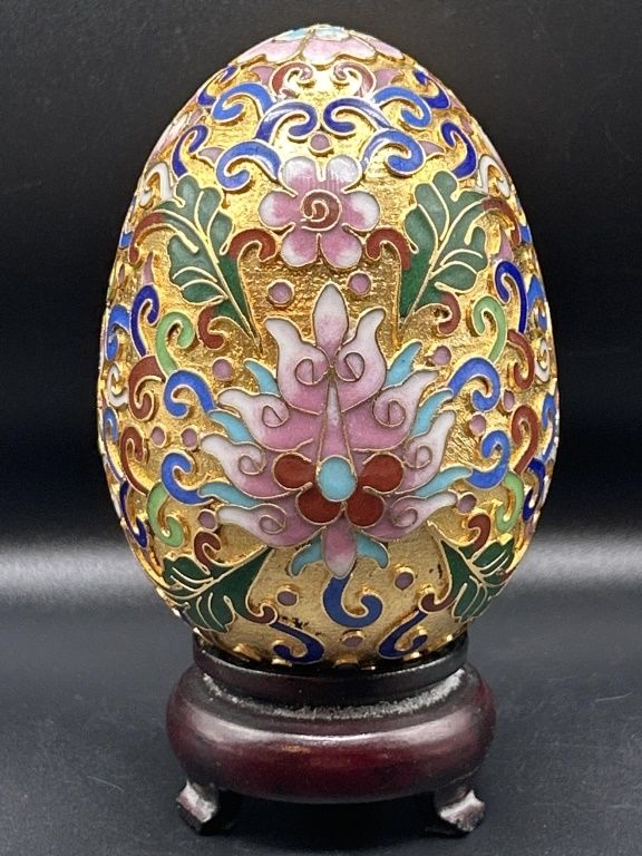 Cloisonné Eggs on Stand, Yellow w/ Flowers