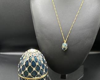 Farberge-Style Enameled Egg Trinket Box & Necklace