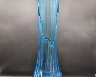 Mid Century Peacock Blue Ribbed Swung Vase