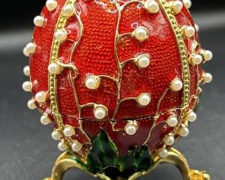 Red Enameled Egg-Shaped Trinket Dish w/ Pearls