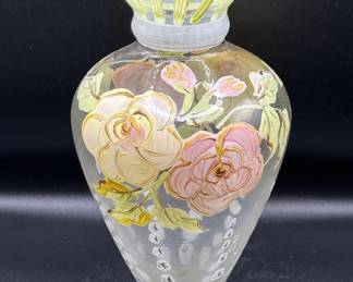 Vintage Art Glass Flower Vase w/ Painted Flower