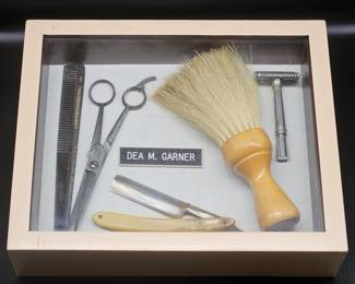 Vintage Barber’s Supplies in Shadow Box