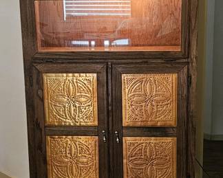 Vtg. Lighted Oak Hand Punched Copper Cabinet