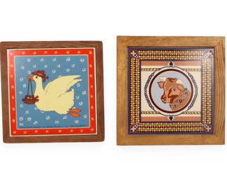 A Pair of Mid-20th Century Folk Art Ceramic Tiles, including 'Mother Goose' by Ellen Thorp and a 'Tasteful Touch' by Sigma, circa 1972