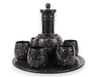 Eight-Piece Carved Black Marble Decanter Set with Etched Floral Pattern
