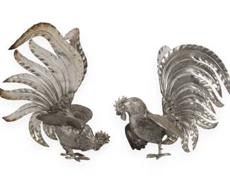A Pair of Italian Silver Plated Fighting Rooster Figures, Mid-20th Century