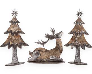 A Trio of Contemporary Galvanized Metal and Birch Bark Christmas Decorations