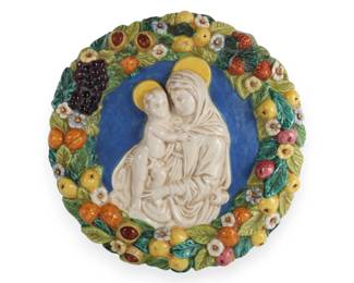 Della Robbia Style Polychrome Glazed Ceramic Madonna and Child Wall Plaque