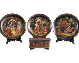 A Collection of Three Russian Legends Porcelain Plates and an Ardleigh Elliott 'The Nutcracker' Musical Box