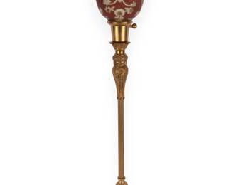 Antique Gilded Metal Torchiere Floor Lamp with Decorated Shade