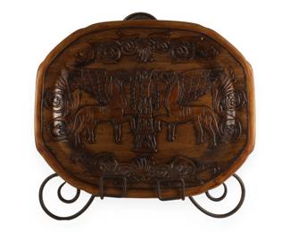 A Modern Octagonal Carved Wood Decorative Tray with Winged Lion Motif, Made in China