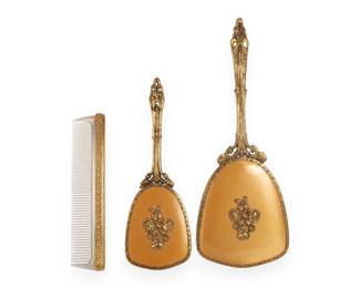 A Three-Piece 24K Gold Plated Rococo Revival Vanity Set