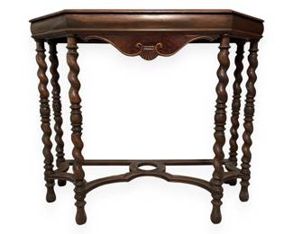 An Antique Victorian Style Dark-Stained Wood Console Table with Hexagonal Top and Barley Twist Legs