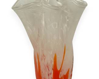 Vintage Hand Blown Art Glass Vase, Orange and White Spatter, Handkerchief Rim