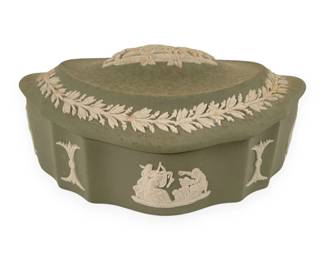 Wedgwood Sage Green Jasperware Scalloped Oval Lidded Trinket Box