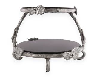 A Two-Tiered Botanical Serving Stand with Black Marble Inserts