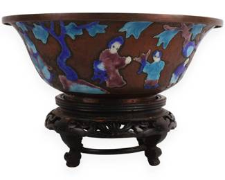 An Antique Chinese Cloisonne Bowl with Figures and Turquoise Interior