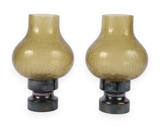 A Pair of Mid-Century Modern Towle Electro-Plate and Crackle Glass Hurricane Lamps